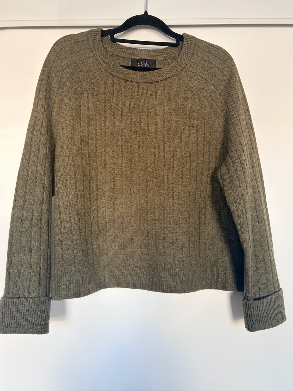 Nicole Miller Olive Ribbed 100% Extra Fine Merino Wool Crewneck Sweater
